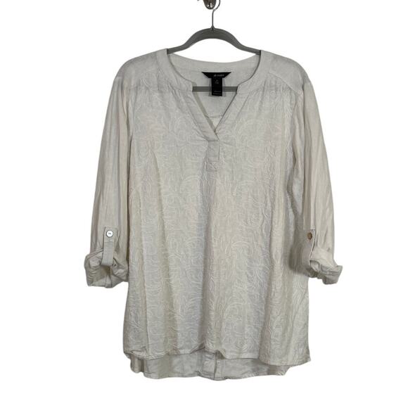 Ali Miles Linen Embroidered Button Back Roll Tab Sleeve Tunic Top Size Medium - Picture 1 of 7